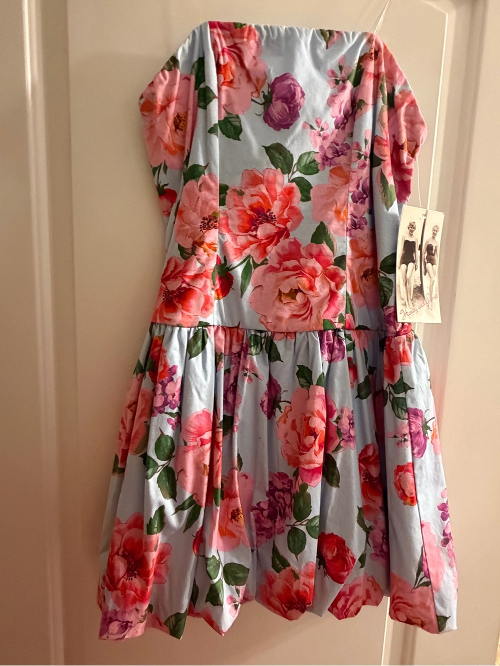 Honey and Rosie Light Blue Floral Tiered Dress - Pink & Green Flowers
